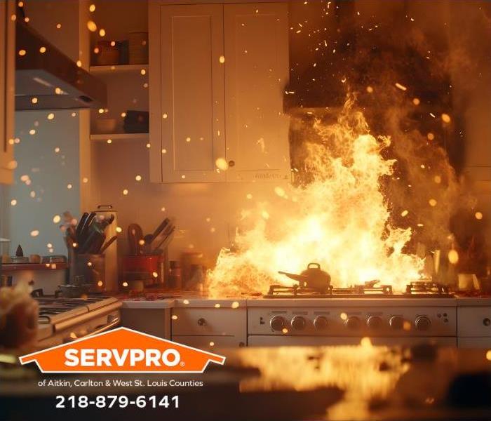 A cooking fire spreads flames rapidly throughout a kitchen.